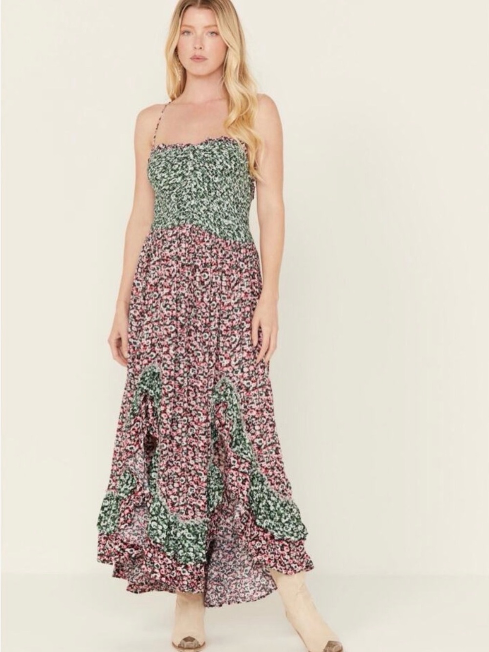 Free People Green and Pink Floral Smocked Maxi Dress